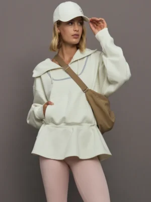 Cream Peplum Drawstring Waist Hoodie