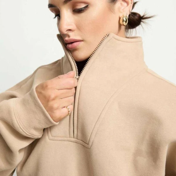 Womens Beige Half Zip Oversized Sweatshirt