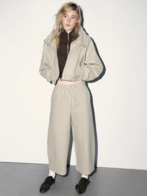 Beige Cropped Funnel-Neck Zip-Up Jacket