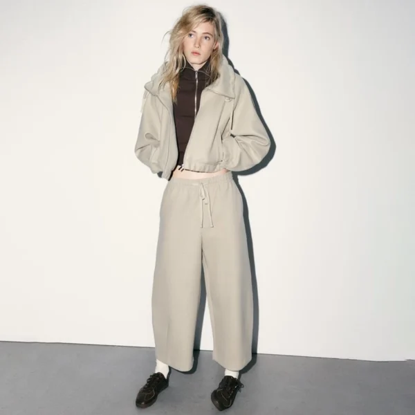 Beige Cropped Funnel-Neck Zip-Up Jacket