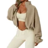 Womens Beige Fleece Cropped Zip Up Hoodie