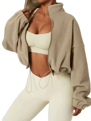 Womens Beige Fleece Cropped Zip Up Hoodie