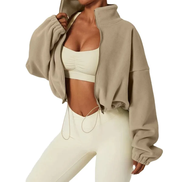Womens Beige Fleece Cropped Zip Up Hoodie Womens Beige Fleece Cropped Zip Up Hoodie