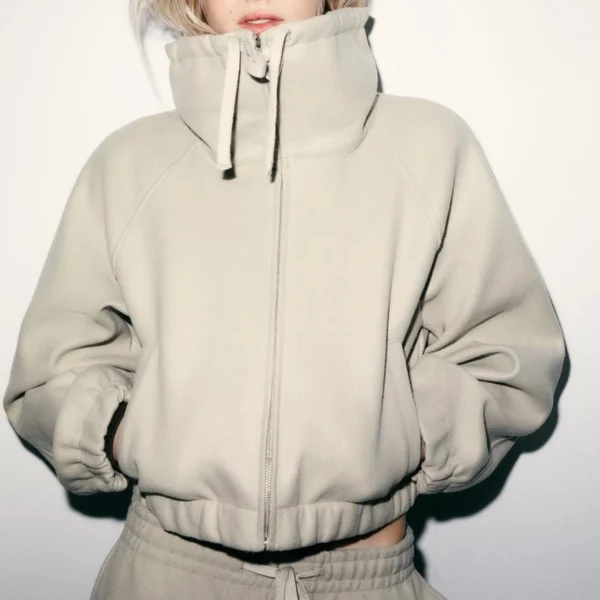 Beige Cropped Funnel-Neck Zip-Up Jacket