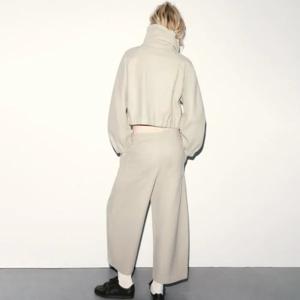 Beige Cropped Funnel-Neck Zip-Up Jacket