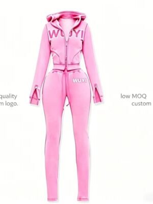 Pink Custom Logo Cropped Zip Up Hoodie Flare Pants Tracksuit Pink Custom Logo Cropped Zip Up Hoodie Flare Pants Tracksuit