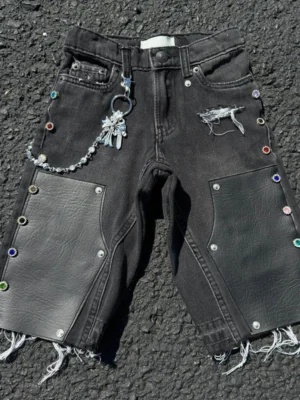 Black Washed Rhinestone Leather Patch Denim Shorts