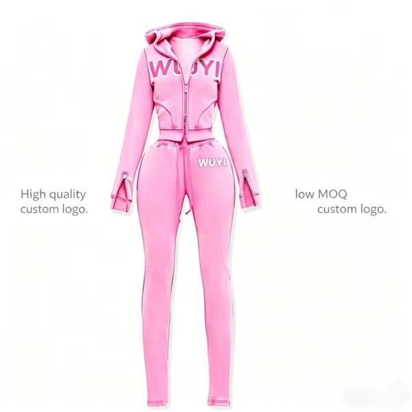 Pink Custom Logo Cropped Zip Up Hoodie Flare Pants Tracksuit Pink Custom Logo Cropped Zip Up Hoodie Flare Pants Tracksuit