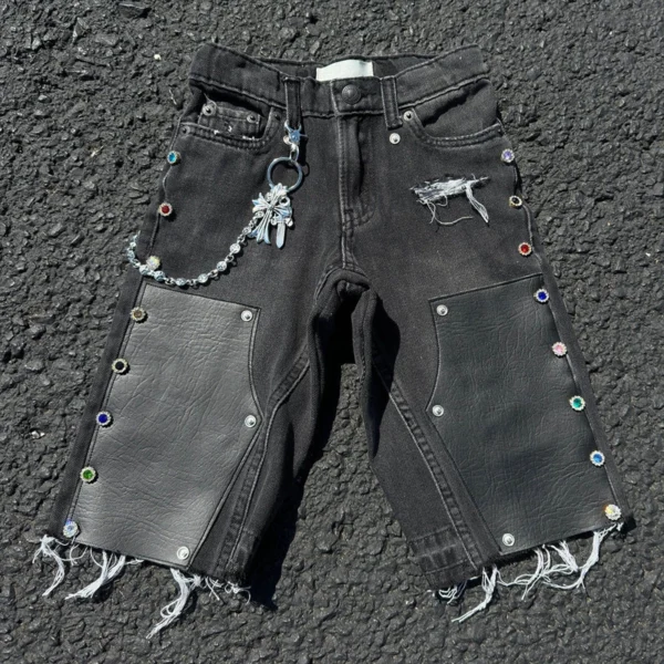 Black Washed Rhinestone Leather Patch Denim Shorts Black Washed Rhinestone Leather Patch Denim Shorts