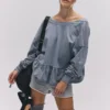 Slate Blue Off-Shoulder Peplum Oversized Sweatshirt