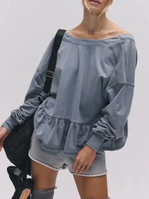 Slate Blue Off-Shoulder Peplum Oversized Sweatshirt