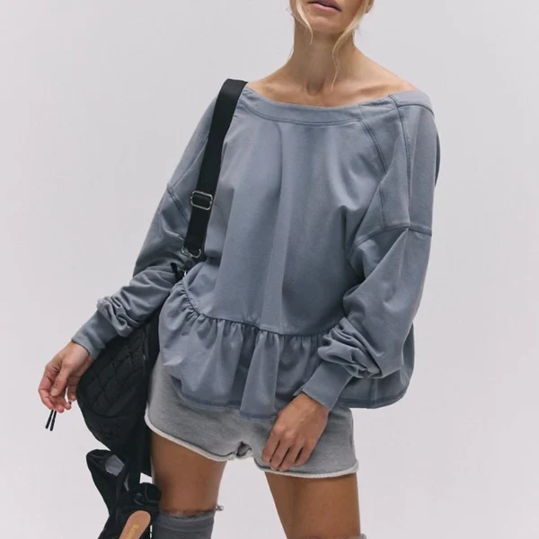 Slate Blue Off-Shoulder Peplum Oversized Sweatshirt