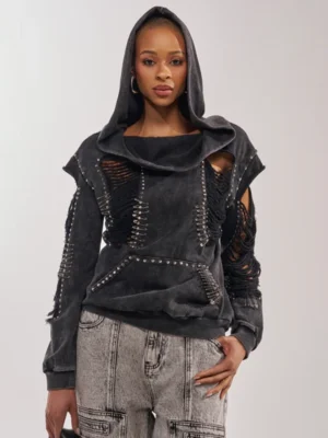 Washed Black Studded Distressed Oversized Hoodie