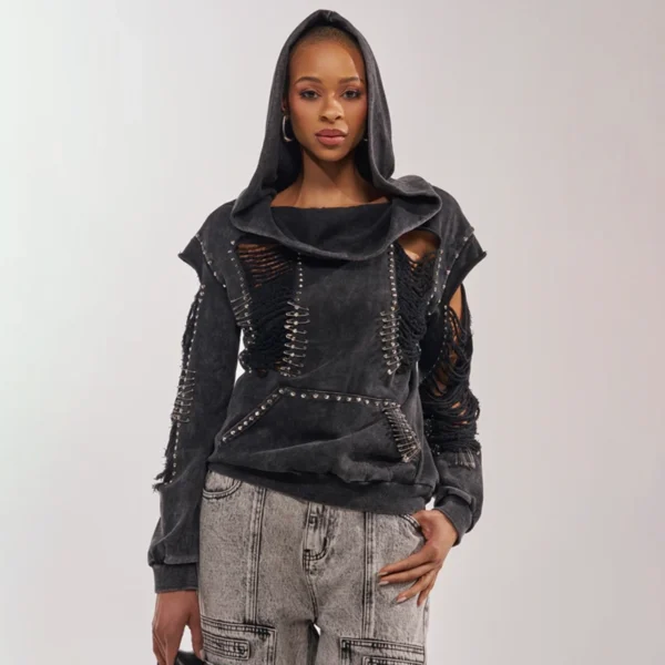 Washed Black Studded Distressed Oversized Hoodie