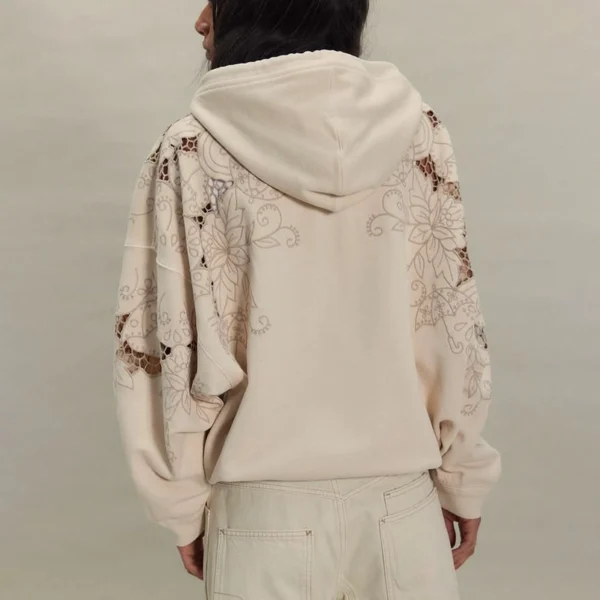 Cream Floral Cut-Out Embroidered Zip-Up Hoodie