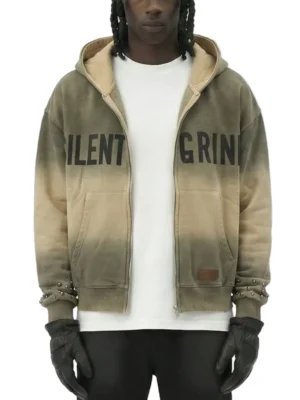 Gradient Wash Studded Zip-Up Hoodie with Statement Text