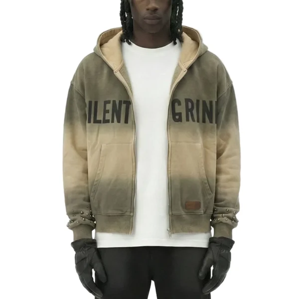 Gradient Wash Studded Zip-Up Hoodie with Statement Text Gradient Wash Studded Zip-Up Hoodie with Statement Text