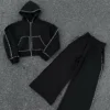 Black Pearl-Embellished Cropped Hoodie Tracksuit