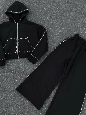 Black Pearl-Embellished Cropped Hoodie Tracksuit