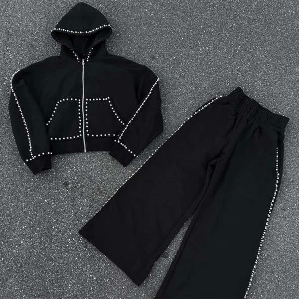 Black Pearl-Embellished Cropped Hoodie Tracksuit