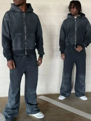 Mens Studded Washed Zip Up Tracksuit Set