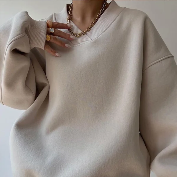 Beige Oversized V Neck Air Layer Sweatshirt