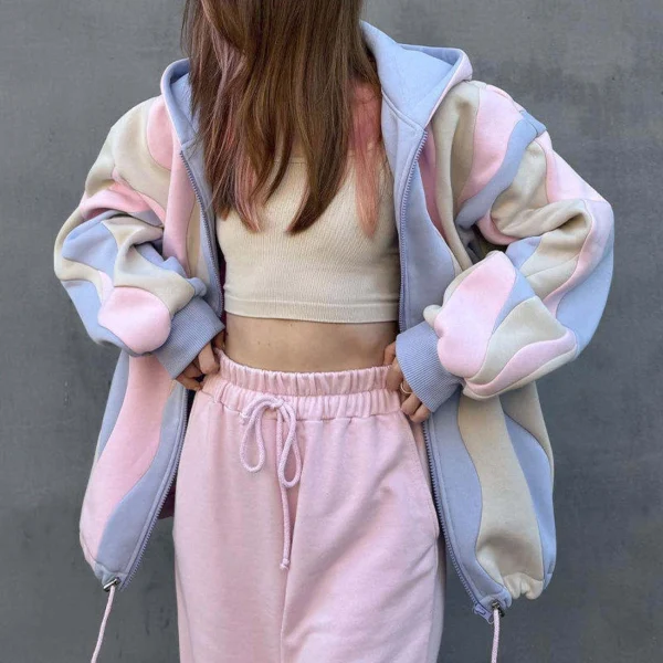 Pastel Wavy Colorblock Oversized Zip Up Hoodie