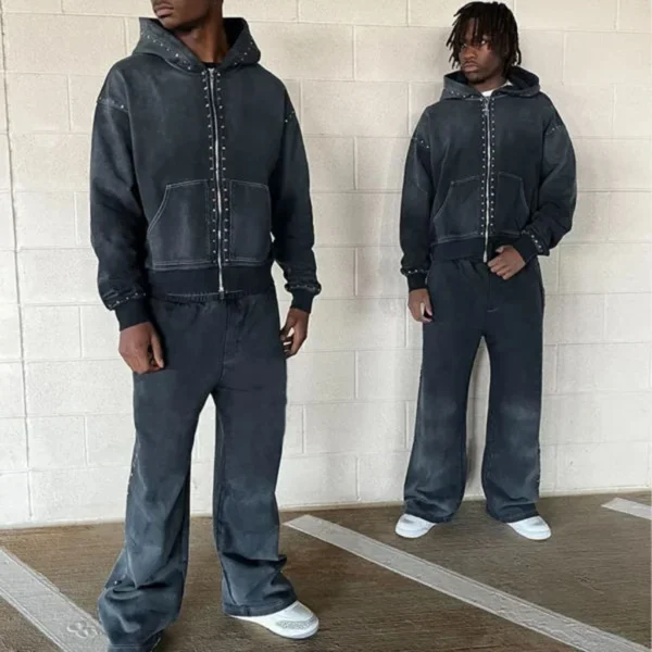 Mens Studded Washed Zip Up Tracksuit Set