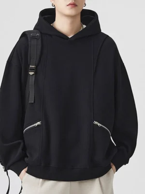 Black Grey Oversized Zipper Pocket Hoodie
