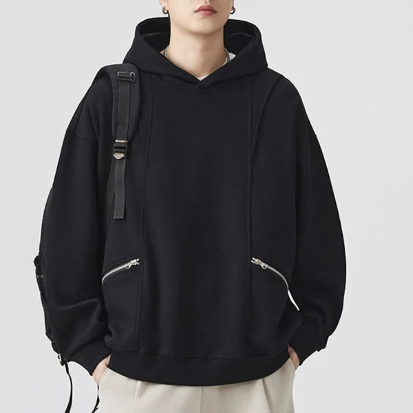 Black Grey Oversized Zipper Pocket Hoodie