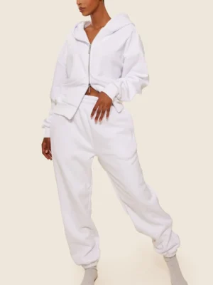 White Oversized Cropped Zip Up Hoodie Tracksuit