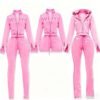 Pink Custom Logo Cropped Zip Up Hoodie Flare Pants Tracksuit Pink Custom Logo Cropped Zip Up Hoodie Flare Pants Tracksuit