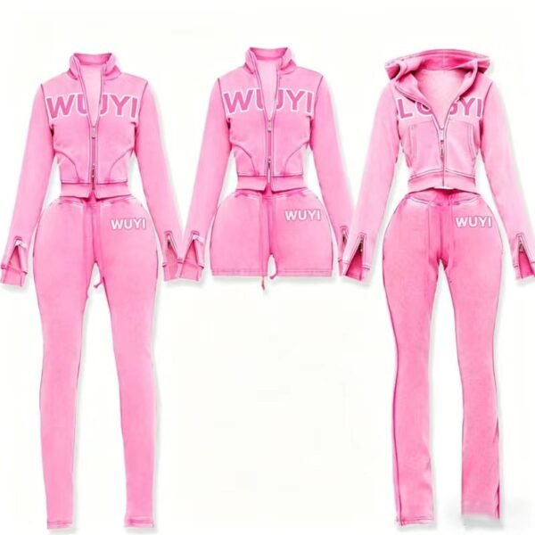 Pink Custom Logo Cropped Zip Up Hoodie Flare Pants Tracksuit Pink Custom Logo Cropped Zip Up Hoodie Flare Pants Tracksuit