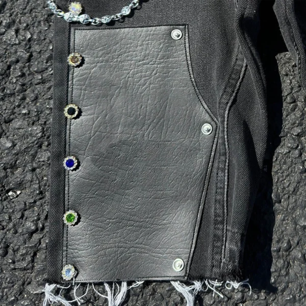 Black Washed Rhinestone Leather Patch Denim Shorts Black Washed Rhinestone Leather Patch Denim Shorts
