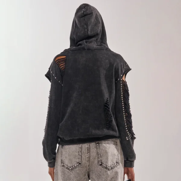 Washed Black Studded Distressed Oversized Hoodie