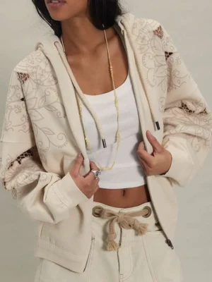 Cream Floral Cut-Out Embroidered Zip-Up Hoodie