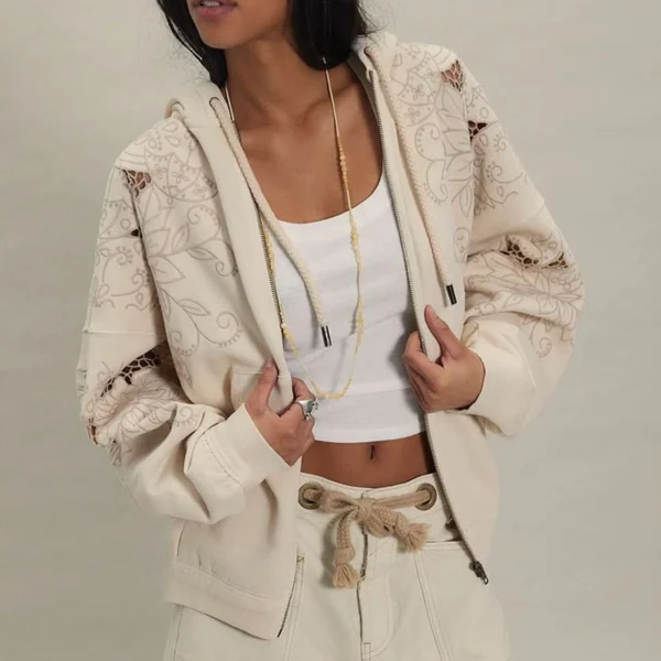 Cream Floral Cut-Out Embroidered Zip-Up Hoodie