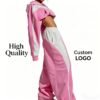Pink White Color Block Cropped Hoodie Tracksuit