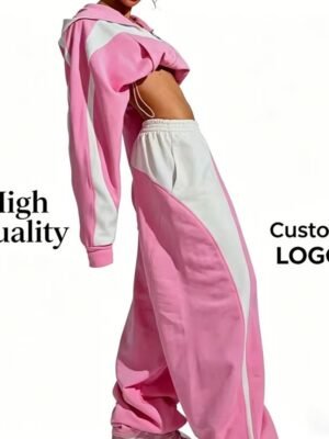 Pink White Color Block Cropped Hoodie Tracksuit