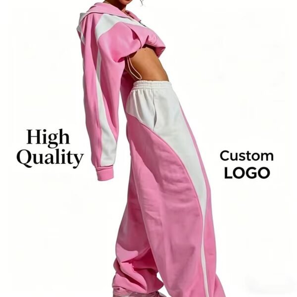 Pink White Color Block Cropped Hoodie Tracksuit