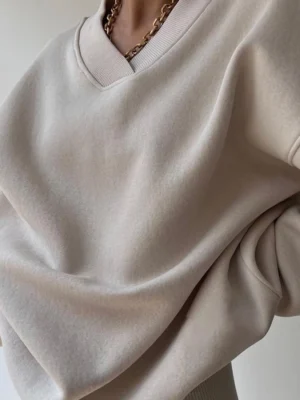 Beige Oversized V Neck Air Layer Sweatshirt