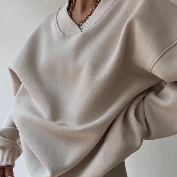 Beige Oversized V Neck Air Layer Sweatshirt