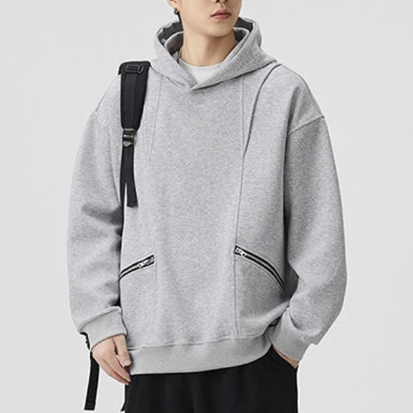 Black Grey Oversized Zipper Pocket Hoodie