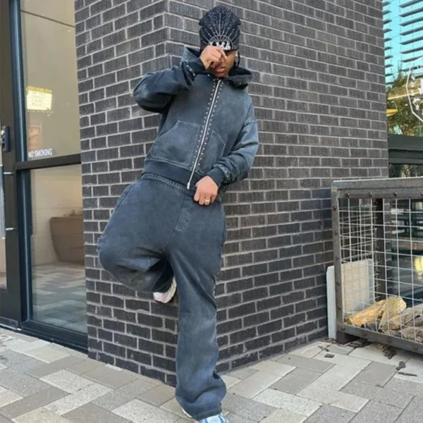 Mens Studded Washed Zip Up Tracksuit Set