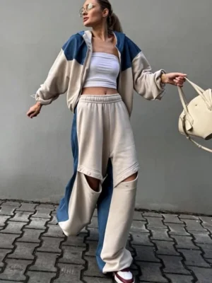 Beige Blue Colorblock Oversized Zip Up Tracksuit
