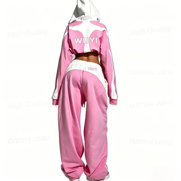Pink White Color Block Cropped Hoodie Tracksuit