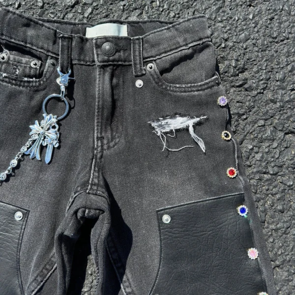 Black Washed Rhinestone Leather Patch Denim Shorts Black Washed Rhinestone Leather Patch Denim Shorts