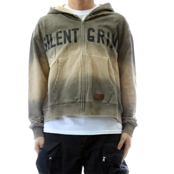 Gradient Wash Studded Zip-Up Hoodie with Statement Text Gradient Wash Studded Zip-Up Hoodie with Statement Text