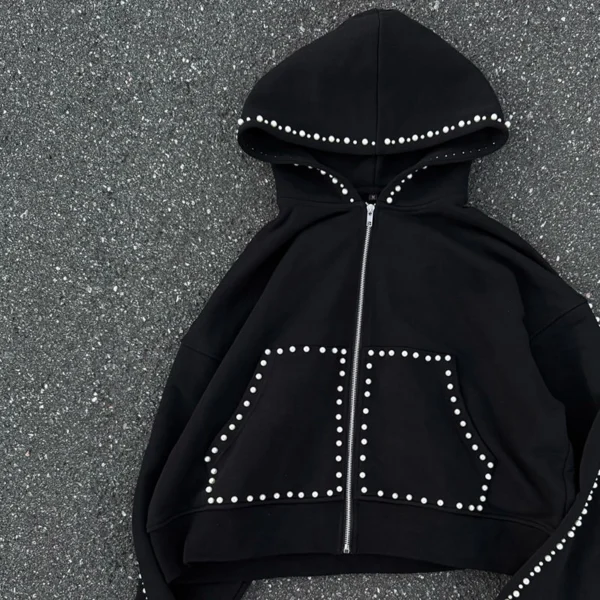 Black Pearl-Embellished Cropped Hoodie Tracksuit