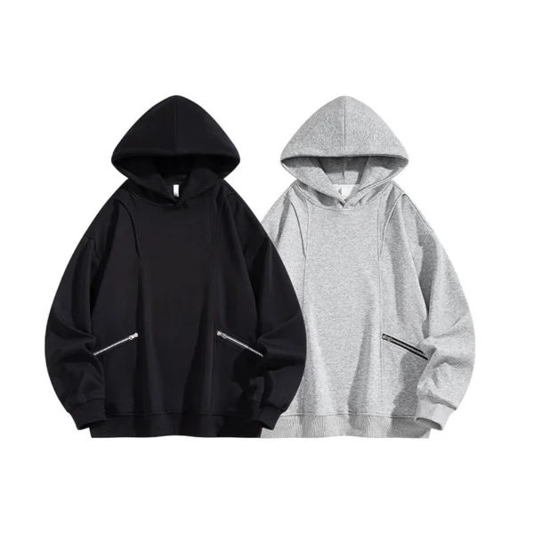 Black Grey Oversized Zipper Pocket Hoodie